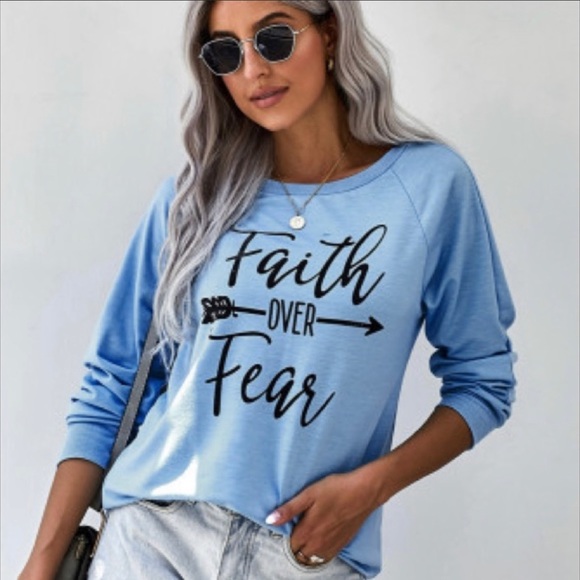 Faith Over Fear Blue Long Sleeve Top ~ Also in Pink - Picture 1 of 5